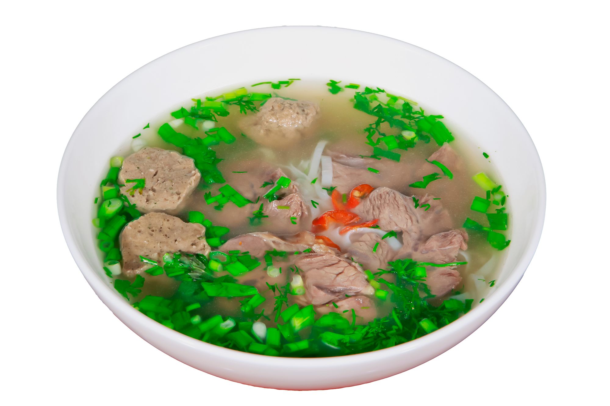 Víetnömsk hrísnúðlu – súpa með nauta- kjötssneiðum. Famous Vietnamese rice noodle Pho-soup with beef slices